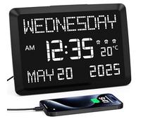 Mesqool Dementia Clock with Date and Day, 11.5” Extra Large Digital Calendar Clock for Elderly with Clear Temperature Display, Alarm Clock, 5 Dimmer, USB Chargers, Desk and Wall Clock and Memory Loss