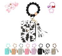 Messagenal Women's Boho Beaded Wallet, Women Boho Style Beaded & Tassel Decorated Keychain, Credit Card Holder Purse, Fashionable Silicone Keychain Wallet (Cow)