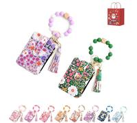 Messagenal Women's Boho Beaded Wallet, Women Boho Style Beaded & Tassel Decorated Keychain, Fashionable Silicone Keychain Wallet, Credit Card Holder Purse (Purple+Green)