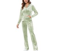 MessBebe Womens Velour Tracksuits Set Sweatsuit Hoodie Top and Jogging Pants Casual Loungewear 2 Piece Sportswear Fog Green S