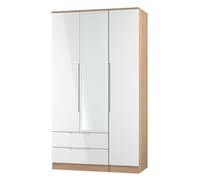 Welcome Furniture Ready Assembled Milan Tall Triple 2 Drawer Mirrored Wardrobe In White Gloss & Bardolino Oak, White