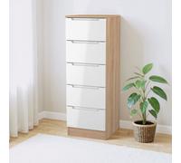 Welcome Furniture Ready Assembled Milan 5 Drawer Bedside Cabinet In White Gloss & Bardolino Oak, White