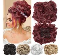 Messy Bun Hair Piece with Combs Clip in Scrunchie Juva Bun Dish Fluffy Wavy Hair Updo Easy Stretch Big Chignon Short Ponytail Hairpiece for Women Wine Red
