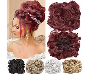 Messy Bun Hair Piece with Combs Clip in Scrunchie Juva Bun Dish Fluffy Wavy Hair Updo Easy Stretch Big Chignon Short Ponytail Hairpiece for Women Wine Red