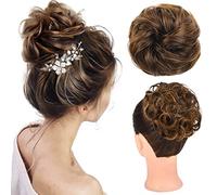 Messy Bun Piece,100% Real Human Tousled Updo Extension Natural Curly Messy Bun with Elastic Band Bun Piece Ponytail Extensions for Women（Medium Brown with Golden Blonde）