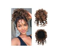 Messy Bun Short Curly Ponytail Extension Elastic Drawstring Loose Hair Bun Hair Pieces for Women Synthetic Fiber Bun Extension(Black Mix Brown Ombre)