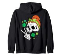 Messy Bun Skull Peace Sign St Patricks Day Clover Zip Hoodie