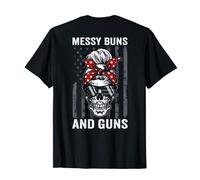 MESSY BUNS & GUNS - Pro Gun Womens Skull USA Flag - ON BACK T-Shirt