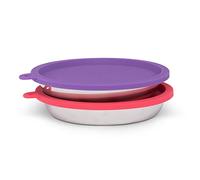 Messy Cats 4pc Set with Two Stainless Saucer Shaped Bowls and Two Silicone Lids, 1.75 Cups Per Bowl, Watermelon and Purple Lids