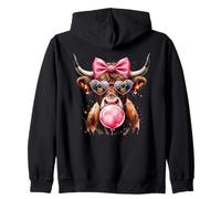 Messy Coquette Highland Cow Cute Pink Bow Bubble Gum Glasses Zip Hoodie