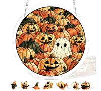 Mestart 83 Pieces Acrylic Puzzle Suncatcher Stained Glass Window Hanging, DIY Kit Moonlit Halloween Ghost Fall Jack O Pumpkin Decor, Home Garden Ornament Gift for Mom Women Family Friends 7.87 Inches