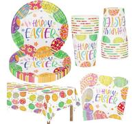 MestectPET 57 Pcs Easter Party Tableware Set, Paper Plates Cups Napkins Tablecloth for 16 Guests, Colorful Easter Eggs Design Dinnerware for Spring, Home Party Supplies, Holiday Table Decoration