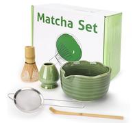 MestectPET Matcha Whisk,5 Pcs Matcha Tea Set Includes Porcelain Bowl with Pouring Spout, Spoon, Matcha Whisk and Porcelain Holder, Sifter, Matcha Gift Set for Beginners and Enthusiasts (Matcha Green)