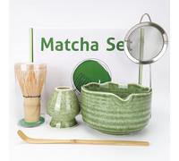 MestectPET Matcha Whisk, 5 Pcs Matcha Tea Set Includes Porcelain Bowl with Pouring Spout, Spoon, Matcha Whisk and Porcelain Holder, Sifter, Matcha Gift Set for Beginners and Enthusiasts (Green)