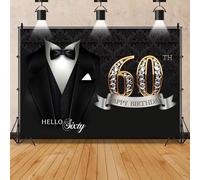 Mestiker 7x5ft Happy 60 Years Old Birthday Backdrop Black Tuxedo Suit Shiny Diamond 60th Birthday Party Supplies Black and Gold Party Decorations Men Hello Sixty Decor Banner Photo Booth Props Vinyl
