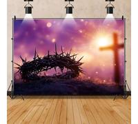 Mestiker Jesus Christ Cross Backdrop, Purple Easter Religious Banner with Open Bible and Crown of Thorns, 7x5ft Holy Light Photography Background, Vinyl Christian Church Decor Studio Props (Purple-03)