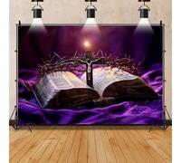 Mestiker Jesus Christ Cross Backdrop, Purple Easter Religious Banner with Open Bible and Crown of Thorns, 7x5ft Holy Light Photography Background, Vinyl Christian Church Decor Studio Props (Purple-08)