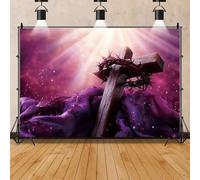 Mestiker Jesus Christ Cross Backdrop, Purple Easter Religious Banner with Open Bible and Crown of Thorns, 7x5ft Holy Light Photography Background, Vinyl Christian Church Decor Studio Props (Purple-01)