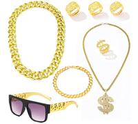 met-edianger 80s 90s Hip Hop Costume Outfit Rapper Accessories Chunky Gold Necklace Bracelets Set for Men Women, One Size, Plastic
