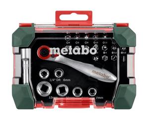 Metabo 626701000 26-Piece Bit and Ratchet Set | Heavy duty tool set with 18 color coded S 2 bits, 6 sockets, extension and ratchet in storage box