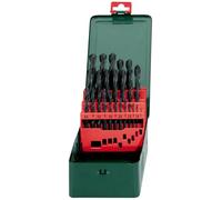 Metabo 627152000 HSS-R Twist Drills, 0 V, Green, Set of 25 Piece | HSS twist drill bit set, 1 to 13 mm in 0.5 mm increments, in robust metal cassette, cylindrical shaft, 118 degree grinding