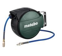 metabo Hose Reel SA 210-8 m Hybrid Hose, 1/4 Inch Universal Quick Coupling, 10 Bar Pressure - Automatic Locking & Rolling, Wall and Ceiling Holder, Robust Compressed Air Hose Reel