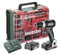 MetaboSB 18 L BL (613157710) Cordless Combi Drill Set with 2 LiPOWER 2.0Ah Batteries, SC 36 Charger and 78 Piece Mobile Workshop Accessory Set