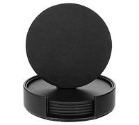 metagio 6 Packs PU Leather Coasters for Drinks with Holder, Round Drink Coasters Set PU Leather Cup Mats for Coffee Beer Tea Mug Wine Pub, Protecting Your Furniture from Scratch&Water Marks(Black)