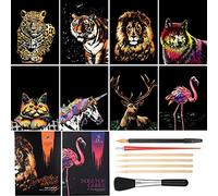 metagio 8PCS Scratch Art Paper A4 Animals Art Paper Rainbow Painting Engraving Art Sets with Scratch Drawing Pens and Cleaning Brush