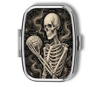 Metal 2 Compartment Pill Organizer Travel Friendly Portable Compact Pill Box Cute Pill Case,for Pocket Wallets Daily Portable Medicine Vitamin Tablet Storage (A Skull Holding a Brain)