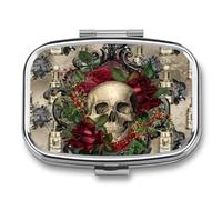 Metal 2 Compartment Pill Organizer Travel Friendly Portable Compact Pill Box Cute Pill Case to Hold Vitamins,Fish Oil,Supplements,Meds,Tablet for Purse,Pocket. (Skull)