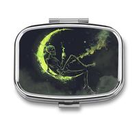 Metal 2 Compartment Pill Organizer Travel Friendly Portable Compact Pill Box Cute Pill Case to Hold Vitamins,Fish Oil,Supplements,Meds,Tablet for Purse,Pocket. (The Skeleton on The Moon)