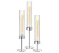 Metal & Acrylic Taper Candle Holders Set of 3 with Ribbed Design - Hurricane Clear Cylinder Candelabra for Wedding, Christmas, Party, Dining Table Centerpiece Decor (Silver, Set of 3)