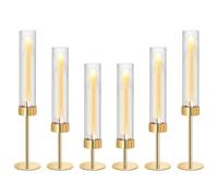 Metal & Acrylic Taper Candle Holders Set of 3 with Ribbed Design - Hurricane Clear Cylinder Candelabra for Wedding, Christmas, Party, Dining Table Centerpiece Decor (Gold, Set of 6)