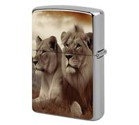 Metal African Lion and Lioness Lighter Case Windproof Flip Top Lighter Sleeve Double Sided Vintage Cool Cigarette Pouch Holder Reusable Pocket Protective Cover Men Gifts for Boyfriend Husband