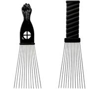 Metal Afro Comb Set - 2PCS African American Hair Pick Comb, Wide Teeth, Classic Black Fist Design - Styling Tool for Curly and Afro Hair