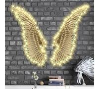 Metal Angel Wings Wall Decor with Led Lights, Industrial Style Wrought Iron Wings Bar Background Wall Decoration, for Nursery, Bedroom, Living Room,Gold,39"x13.7"