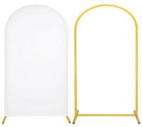 Metal Arch Stand and Cover Set,1 White Spandex Fitted Backdrop with 1 Gold Wedding Arched Stand Frame for Parties Birthday Baby Shower Bridal Banquet Decoration (7.2FT)