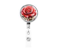 Metal Badge Reels Retractable with Alligator Clip Keychain Id Badge Holder Red Watercolor Rose Flower Id Name Card Holders for Office Worker Doctor Nurse