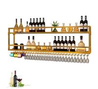 Metal Bar Shelves Wine Rack Wall Mounted Liquor Bottle Display Shelf with Wine Glass Rack and LED Light Kitchen Racks for Wine Bottles Floating Bar Mini Bar for Home Bar Restaurant Cafe Kitchen(Gold,1