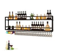 Metal Bar Shelves Wine Rack Wall Mounted Liquor Bottle Display Shelf with Wine Glass Rack and LED Light Kitchen Racks for Wine Bottles Floating Bar Mini Bar for Home Bar Restaurant Cafe Kitchen(Black,