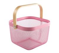 Metal Basket Storage Organizer, Multi-functional Basket with Bamboo Handle for Home Kitchen Picnic Shopping Decoration (Pink)