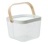Metal Basket Storage Organizer, Multi-functional Basket with Bamboo Handle for Home Kitchen Picnic Shopping Decoration (White)