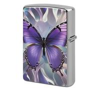 Metal Beautiful Purple Butterfly Art Lighter Case Windproof Flip Top Lighter Sleeve Double Sided Vintage Cool Cigarette Pouch Holder Reusable Pocket Protective Cover Men Gifts for Boyfriend Husband