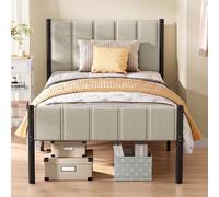 Metal bed frame with upholstered headboard and easy assembly, 197L x 91.5W x 104H cm / Cappuccino Beige / Single