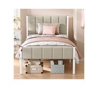 Metal bed frame with upholstered headboard and easy assembly, 197L x 91.5W x 104H cm / Cappuccino Beige / Single