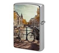 Metal Bicycles in Amsterdam Lighter Case Windproof Flip Top Lighter Sleeve Double Sided Vintage Cool Cigarette Pouch Holder Reusable Pocket Protective Cover Men Gifts for Boyfriend Husband