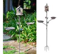 Metal Bird Bath Bird House with Rod 2-in-1 Design for Outdoor Garden Yard Decoration