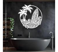 Metal Black Palm Surfboard Wall Art, Metal Tropical Beach Wall Art Decor, Bathroom Indoor Artwork Decoration for Living Room, Bedroom Hallway and Stairs Nature Home Decor (Black 30" x30