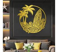 Metal Black Palm Surfboard Wall Art, Metal Tropical Beach Wall Art Decor, Bathroom Indoor Artwork Decoration for Living Room, Bedroom Hallway and Stairs Nature Home Decor (Black 31"x31" /